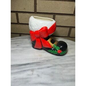Vintage 1979 Cramer Ceramic Santa Boot Planter Christmas Decor Red Bow Holly
